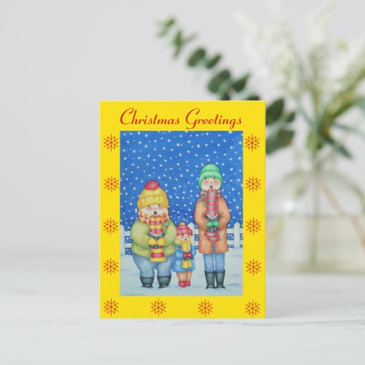 雪のおもしろいクリスマスデザインのキャロル歌手 シーズンポストカード (スタンド正面)