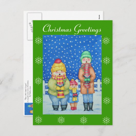 雪のおもしろいクリスマスデザインのキャロル歌手 シーズンポストカード (正面/裏面)