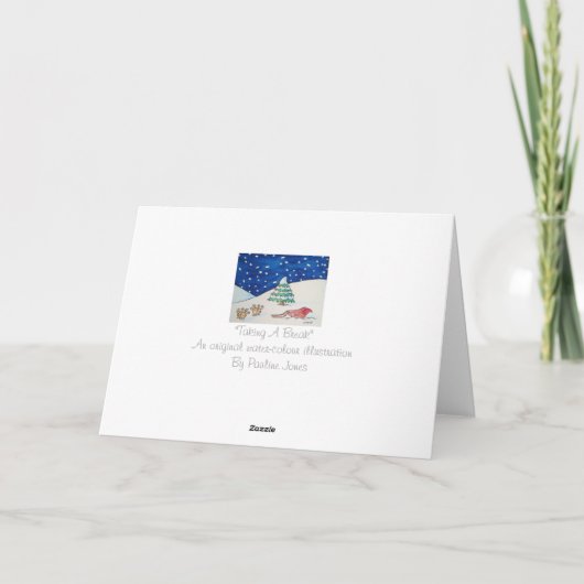 雪のおもしろいシーンのクリスマスのトナカイとソリ シーズンカード (裏面)