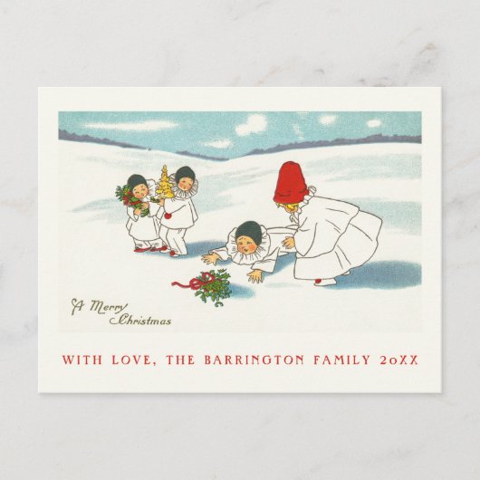 雪のおもしろいシーンアンティーク インビテーションポストカード (正面)