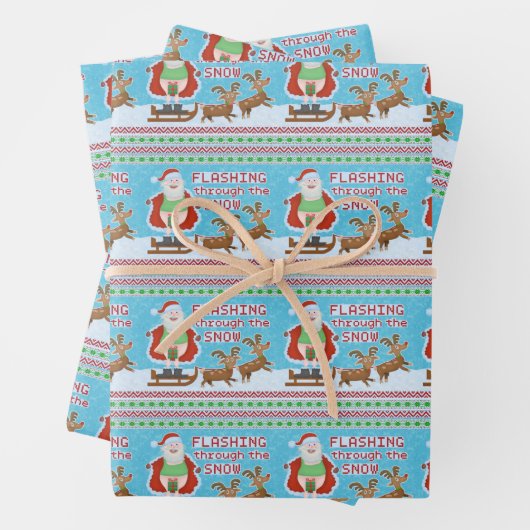雪のおもしろい上を流れるクリスマスサンタクロース ラッピングペーパーシート (インサイチュ)