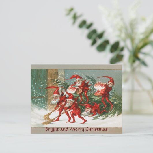 雪のおもしろい中を吹き飛ぶ赤いクリスマス小人 シーズンポストカード (スタンド正面)