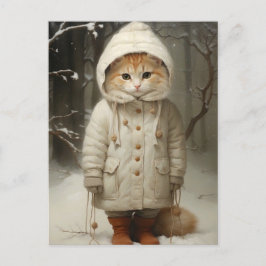 雪のおもしろい中、かわいいジンジャー猫 ポストカード