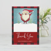 雪のおもしろい山に赤い格子模様のサンタクロース サンキューカード (スタンド正面)