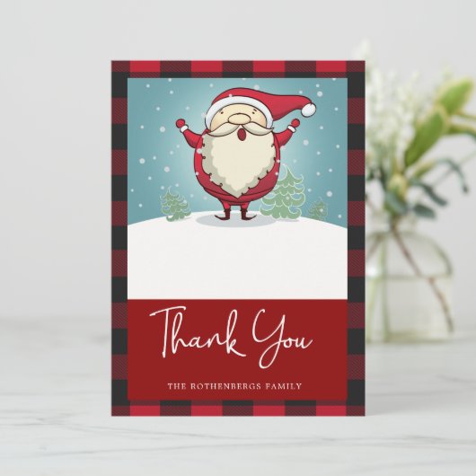 雪のおもしろい山に赤い格子模様のサンタクロース サンキューカード (スタンド正面)