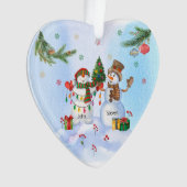 雪のお洒落多いクリスマスに2人の雪だるま オーナメント (正面)