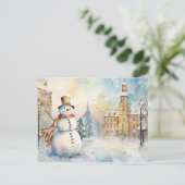 雪のお洒落多い村の陽気な雪だるま ポストカード (スタンド正面)