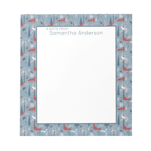 雪のお洒落森のキツネ鳥の北欧パターン ノートパッド (正面)
