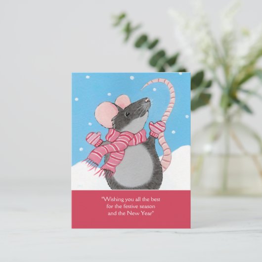 雪のお祝いの季節の郵便はがきの幸せなマウス シーズンポストカード (スタンド正面)