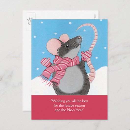 雪のお祝いの季節の郵便はがきの幸せなマウス シーズンポストカード (正面/裏面)