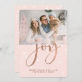 雪のかけらと写真でピンクのクリスマス・ジョイ シーズンカード (正面/裏面)