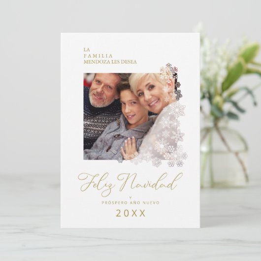 雪のかけらスペインのモダンエレガントのシッククリスマス シーズンカード (スタンド正面)