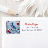 雪のかわいらし多い枝のクリスマスに青いカケス ラベル (インサイチュ)