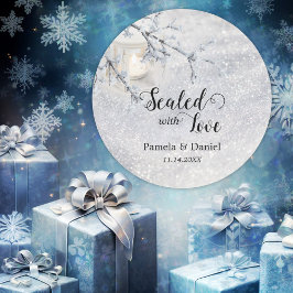 雪のきらめく冬の結婚式 ラウンドシール