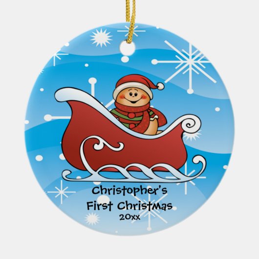 雪のそりのベビーの初めてのクリスマスのオーナメント セラミックオーナメント (正面)