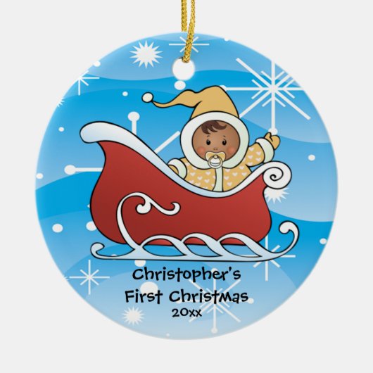 雪のそりのベビーの初めてのクリスマスのオーナメント セラミックオーナメント (正面)