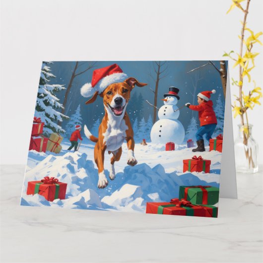 雪のなかで遊ぶバセンジー犬 冬の情景 カード (黄色い花)
