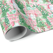 雪のようなピンクと緑のクリスマスタウン ラッピングペーパー (ロールコーナー)