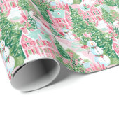 雪のようなピンクと緑のクリスマスタウン ラッピングペーパー (ロールコーナー)