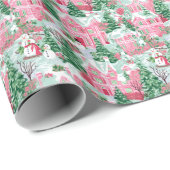雪のようなピンクと緑のクリスマスタウン ラッピングペーパー (ロールコーナー)