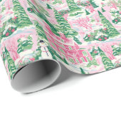 雪のようなピンクと緑のクリスマスハウス ラッピングペーパー (ロールコーナー)