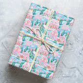 雪のようなピンクと青のクリスマスジンジャーブレッドタウン ラッピングペーパー