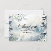 雪のように愛に満ちた ダスティブルーのウィンターバー ブライズシャワー サンキューカード (正面)