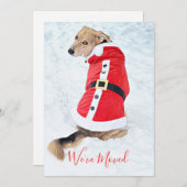 雪のように赤いサンタスーツを着た、かわいいクリスマスドッグを動かす シーズンカード (正面/裏面)
