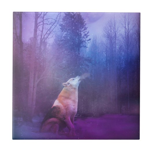 雪のアートタイルに美しい狼 タイル (正面)