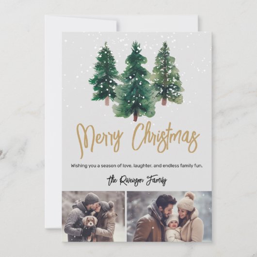 雪のエレガントクリスマスツリー家族2枚の写真 招待状 (正面)