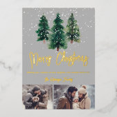 雪のエレガントクリスマスツリー家族2枚の写真 箔シーズンカード (正面)
