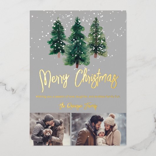 雪のエレガントクリスマスツリー家族2枚の写真 箔シーズンカード (正面)