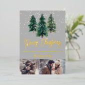 雪のエレガントクリスマスツリー家族2枚の写真 箔シーズンカード (立ち正面)