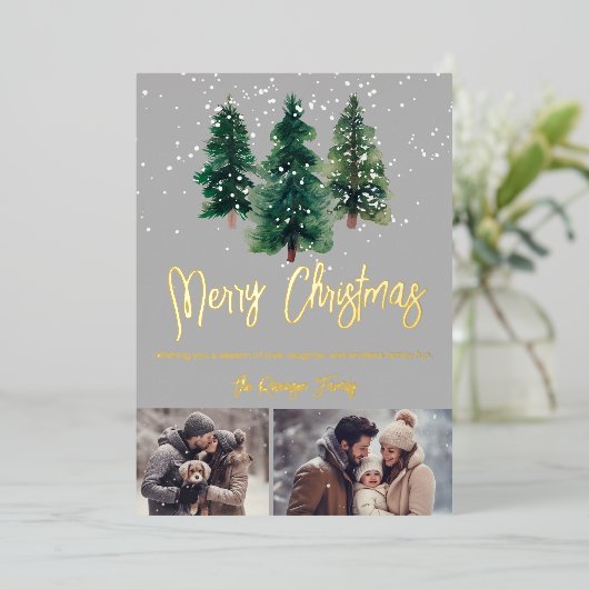 雪のエレガントクリスマスツリー家族2枚の写真 箔シーズンカード (立ち正面)
