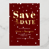 雪のエレガントクリスマスレッド結婚式の日付を保存 箔招待状 (正面)