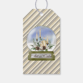 雪のエレガント球体とロウソクと松の枝 ギフトタグ