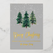 雪のエレガント緑の水色のクリスマスツリー 箔シーズンカード (正面)
