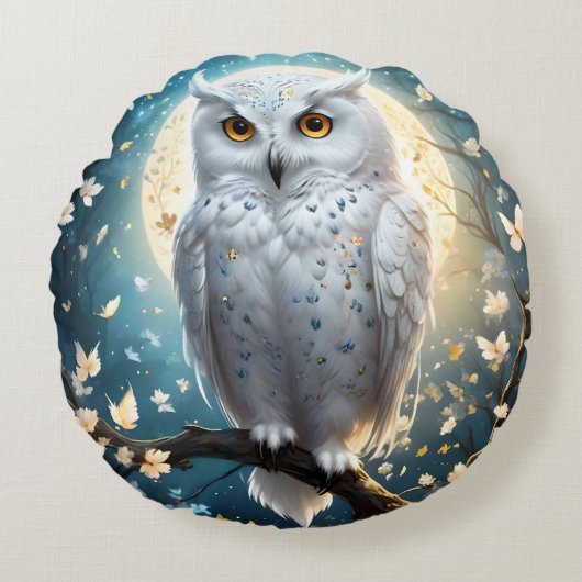 雪のオウルと輝く月 ラウンドクッション (正面)