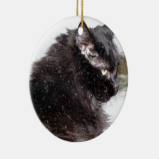 雪のオーナメントの黒いノルウェーの森林猫 セラミックオーナメント (右)