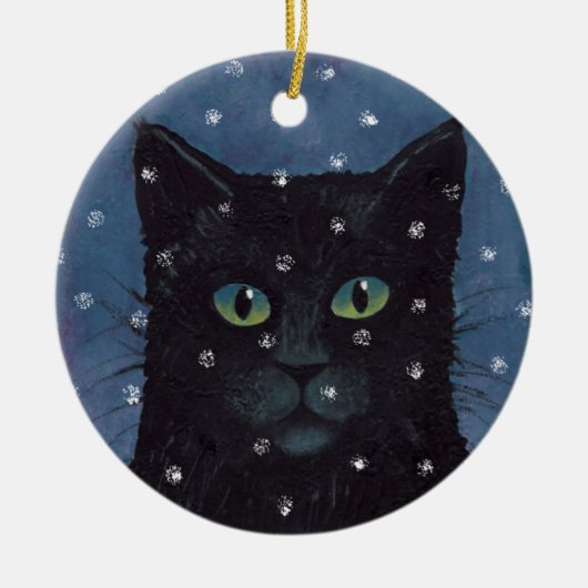 雪のオーナメントの黒猫 セラミックオーナメント (正面)
