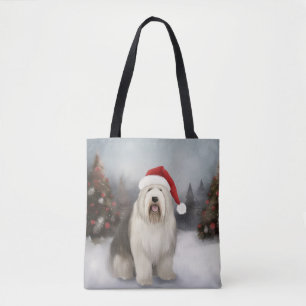 雪のオールドイングリッシュシープドッグ クリスマス トートバッグ