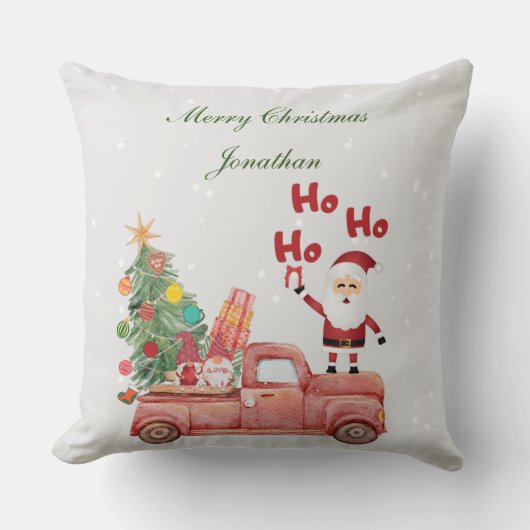 雪のカスタム中で赤いトラックの上でホホホホサンタ クッション (正面)