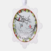 雪のカスタム中の鳥の松の針赤い果実 オーナメントカード (左)