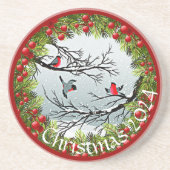 雪のカスタム中の鳥の松の針赤い果実 コースター (正面)