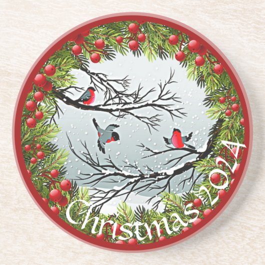雪のカスタム中の鳥の松の針赤い果実 コースター (正面)