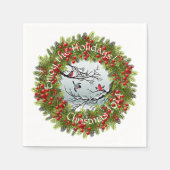 雪のカスタム中の鳥の松の針赤い果実 スタンダードカクテルナプキン (正面)
