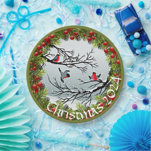 雪のカスタム中の鳥の松の針赤い果実 ペーパープレート (パーティー)