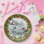 雪のカスタム中の鳥の松の針赤い果実 ペーパープレート (パーティー)