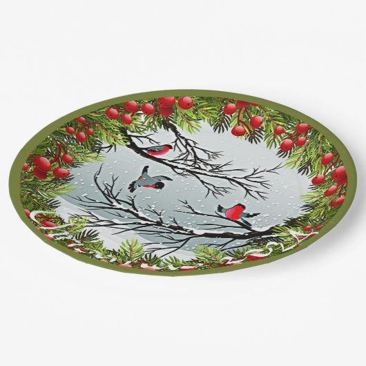 雪のカスタム中の鳥の松の針赤い果実 ペーパープレート (アングル)