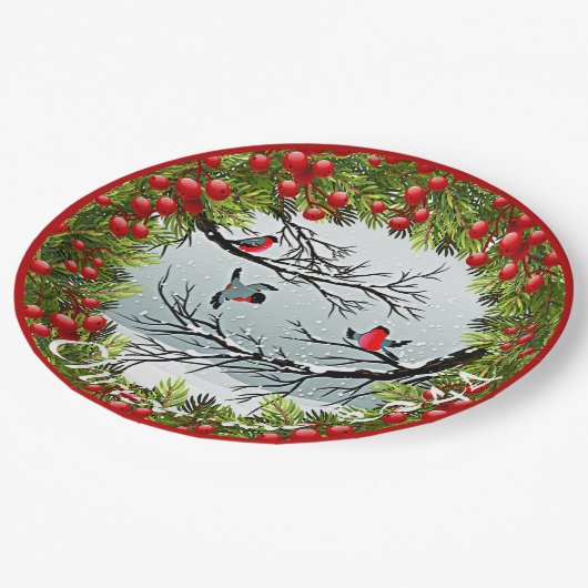 雪のカスタム中の鳥の松の針赤い果実 ペーパープレート (アングル)